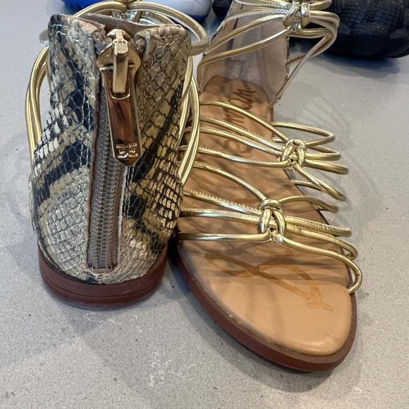 Sam Edelman gold gladiator style sandals with snakeskin back. Zip close. - Picture 2 of 3